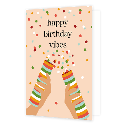 Happy birthday vibes - Formaat: Normaal - Vorm: Staand - Verjaardagskaart - Op deze wenskaart staan twee confettikanonnen die confetti blazen. Bovenaan staat de tekst: "Happy birthday vibes". - Snelwenskaart