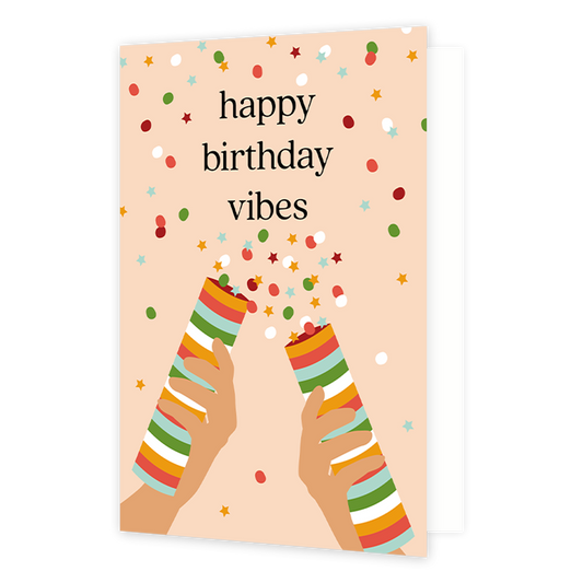 Happy birthday vibes - Formaat: Normaal - Vorm: Staand - Verjaardagskaart - Op deze wenskaart staan twee confettikanonnen die confetti blazen. Bovenaan staat de tekst: "Happy birthday vibes". - Snelwenskaart