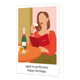 Aged to perfection happy birthday - Formaat: Standaard - Vorm: Staand - Verjaardagskaart - Op deze wenskaart staat een vrouw die een glas rode wijn drinkt terwijl ze op de wijnkaart kijkt. Onder de illustratie staat de tekst: "Aged to perfection happy birthday". - Snelwenskaart