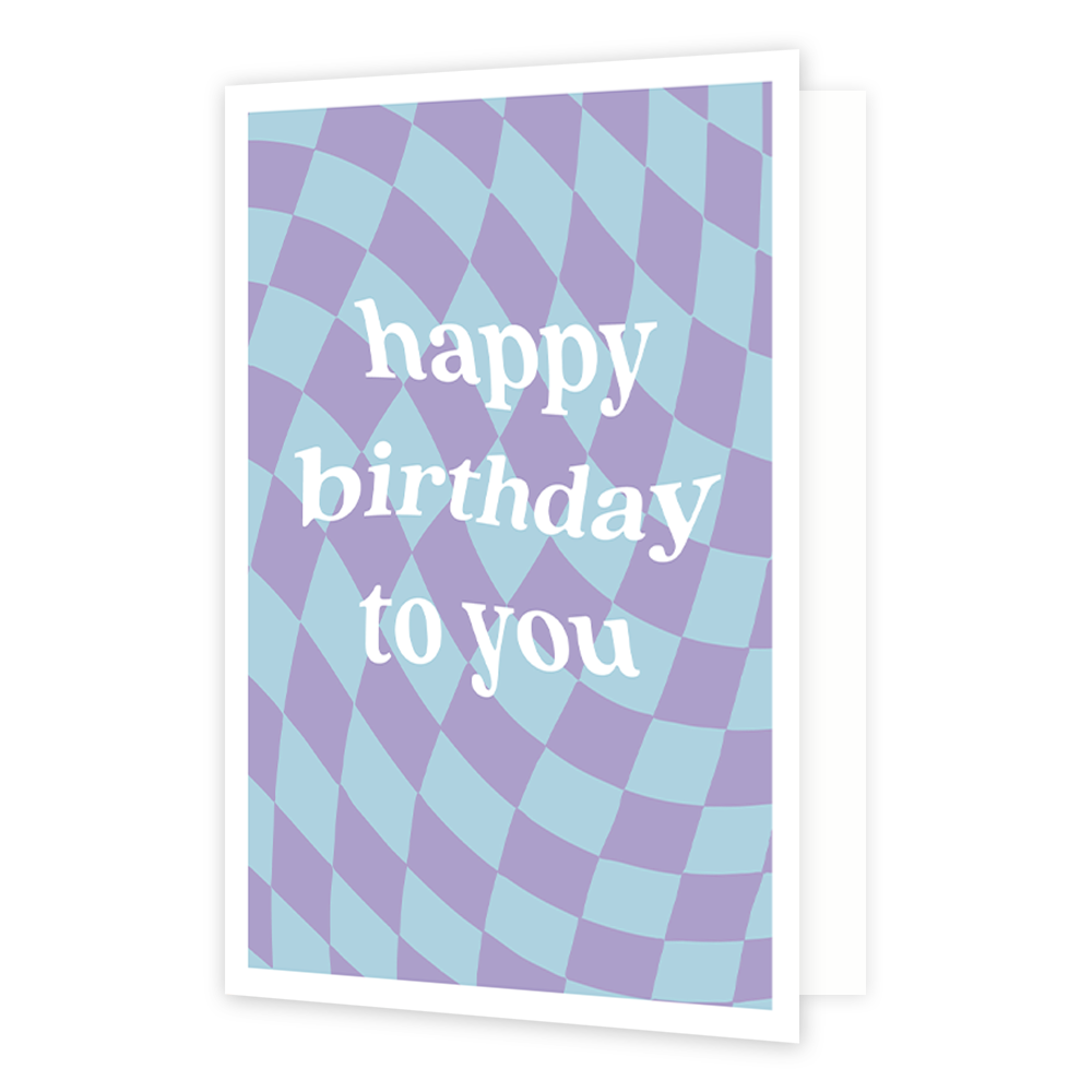 Happy birthday to you - Formaat: Normaal - Vorm: Staand - Verjaardagskaart - Op deze wenskaart staat een ontwerp met paarse en blauwe blokjes. In het midden staat de tekst: "Happy birthday to you". - Snelwenskaart
