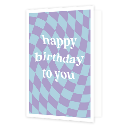 Happy birthday to you - Formaat: Normaal - Vorm: Staand - Verjaardagskaart - Op deze wenskaart staat een ontwerp met paarse en blauwe blokjes. In het midden staat de tekst: "Happy birthday to you". - Snelwenskaart