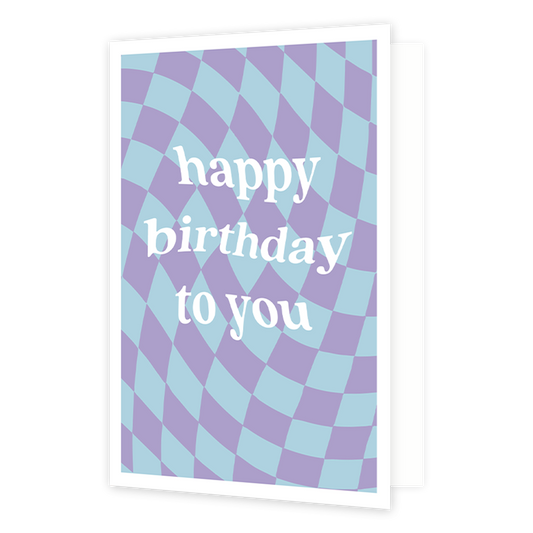 Happy birthday to you - Formaat: Normaal - Vorm: Staand - Verjaardagskaart - Op deze wenskaart staat een ontwerp met paarse en blauwe blokjes. In het midden staat de tekst: "Happy birthday to you". - Snelwenskaart