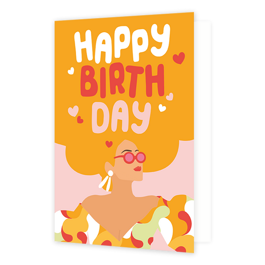 Happy birth day - Formaat: Normaal - Vorm: Staand - Verjaardagskaart - Op deze wenskaart staat een vrouw met een groot kapsel. In het kapsel staat de tekst 'happy birth day'. Het haar van de vrouw is oranje en ze draagt een kleurrijke top. - Snelwenskaart
