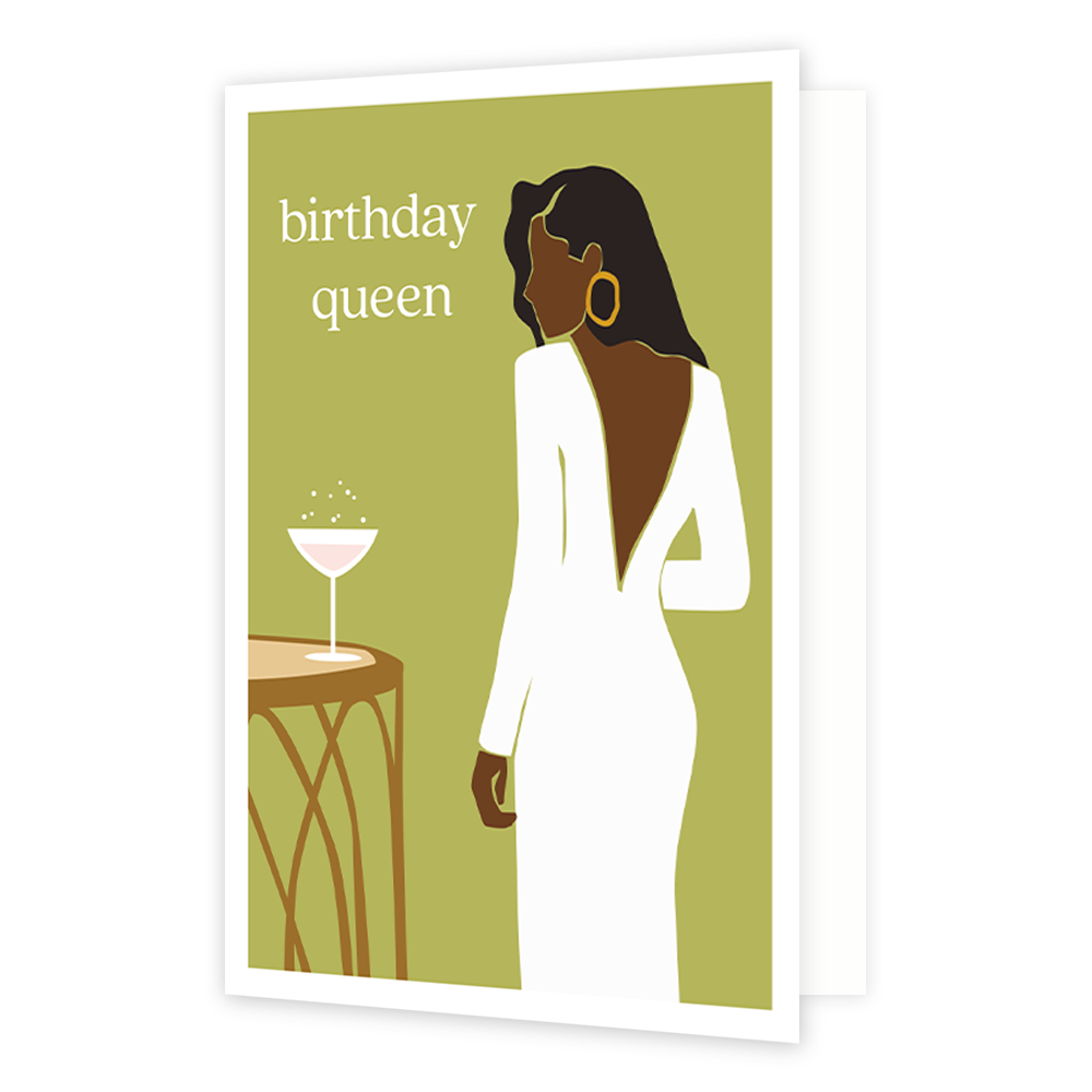 Birthday queen - Formaat: Normaal - Vorm: Staand - Verjaardagskaart - Op deze wenskaart staat een vrouw met een witte jurk. In de illustratie staat de tekst: "Birthday queen". - Snelwenskaart