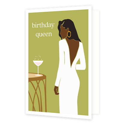 Birthday queen - Formaat: Normaal - Vorm: Staand - Verjaardagskaart - Op deze wenskaart staat een vrouw met een witte jurk. In de illustratie staat de tekst: "Birthday queen". - Snelwenskaart