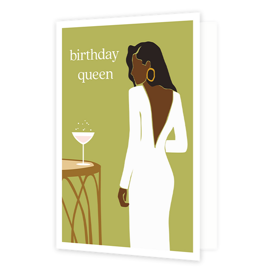 Birthday queen - Formaat: Normaal - Vorm: Staand - Verjaardagskaart - Op deze wenskaart staat een vrouw met een witte jurk. In de illustratie staat de tekst: "Birthday queen". - Snelwenskaart