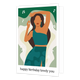 Happy birthday lovely you - Formaat: Standaard - Vorm: Staand - Verjaardagskaart - Op deze wenskaart staat een dansende vrouw. Zij draagt een groene top in combinatie met een groen gevlekte rok met split. De achtergrond is vormgegeven met organische, groene elementen. De afbeelding staat in een witkader met onderaan de tekst 'happy birthday lovely you'. - Snelwenskaart