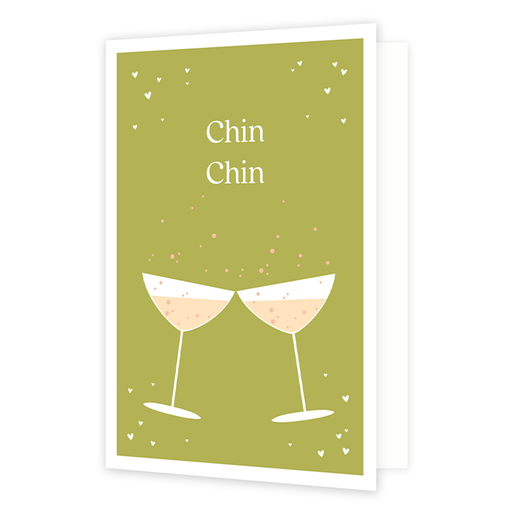 Chin chin - Formaat: Normaal - Vorm: Staand - Proost kaart - Op deze wenskaart staan twee champagneglazen. In de illustratie staat de tekst: "Chin chin". - Snelwenskaart