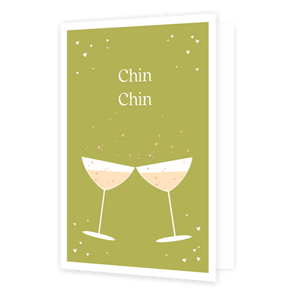 Chin chin - Formaat: Normaal - Vorm: Staand - Proost kaart - Op deze wenskaart staan twee champagneglazen. In de illustratie staat de tekst: "Chin chin". - Snelwenskaart