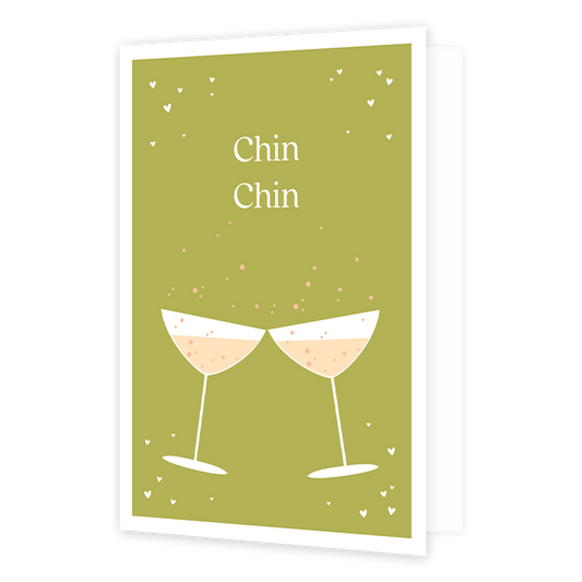 Chin chin - Formaat: Normaal - Vorm: Staand - Proost kaart - Op deze wenskaart staan twee champagneglazen. In de illustratie staat de tekst: "Chin chin". - Snelwenskaart