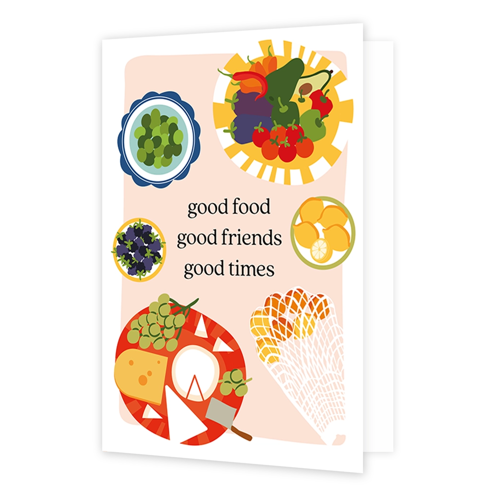 Good food good friends food times - Formaat: Normaal - Vorm: Staand - Vriendschapskaart - Op deze wenskaart staan verschillende kleurrijke borden met verschillende gerechten. In het midden van de kaart tussen de borden in staat de tekst 'good food good friends good times'. - Snelwenskaart