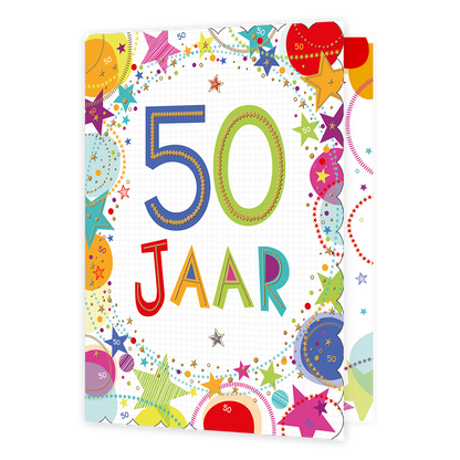 XL kaart - 50 Jaar - Formaat: Groot - Vorm: Staand - Verjaardagskaart - Op deze wenskaart staan sterren en stippen in diverse kleuren met in het midden de tekst: "50 jaar". - Snelwenskaart