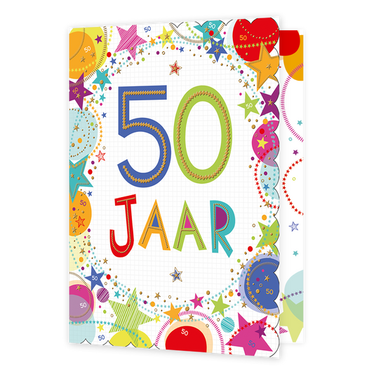 XL kaart - 50 Jaar - Formaat: Groot - Vorm: Staand - Verjaardagskaart - Op deze wenskaart staan sterren en stippen in diverse kleuren met in het midden de tekst: "50 jaar". - Snelwenskaart