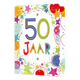 XL kaart - 50 Jaar - Formaat: Groot - Vorm: Staand - Verjaardagskaart - Op deze wenskaart staan sterren en stippen in diverse kleuren met in het midden de tekst: "50 jaar". - Snelwenskaart