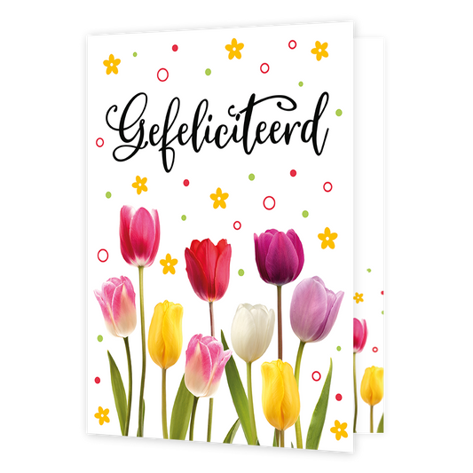 XL kaart - Gefeliciteerd - Formaat: Groot - Vorm: Staand - Felicitatiekaart - Op deze wenskaart staan tulpen in de kleuren roze,wit, geel en paars, met daarboven de tekst: "Gefeliciteerd". - Snelwenskaart
