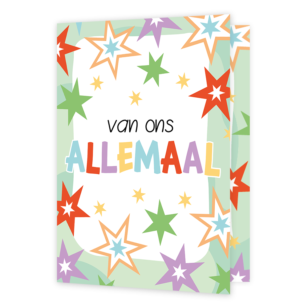 XL kaart - Van ons allemaal - Formaat: Groot - Vorm: Staand - Denken aan kaart - Op deze wenskaart staan sterren in de kleuren rood, geel, oranje, wit, paars, blauw en groen, met in het midden de tekst: "Van ons allemaal". - Snelwenskaart