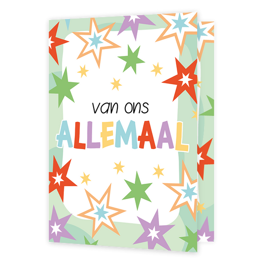 XL kaart - Van ons allemaal - Formaat: Groot - Vorm: Staand - Denken aan kaart - Op deze wenskaart staan sterren in de kleuren rood, geel, oranje, wit, paars, blauw en groen, met in het midden de tekst: "Van ons allemaal". - Snelwenskaart