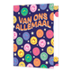 van ons allemaal - Formaat: Groot - Vorm: Staand - Denken aan kaart - Op deze wenskaart staat de tekst "VAN ONS ALLEMAAL" in grote, oranje letters met een beige omlijning tegen een donkerblauwe achtergrond. De illustratie is bezaaid met talloze lachende smileys in diverse kleuren zoals roze, geel, groen, oranje en blauw. Tussen de smileys door zijn kleine witte sterretjes getekend die over het hele oppervlak verspreid zijn. - Snelwenskaart