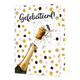 Gefeliciteerd - Formaat: Groot - Vorm: Staand - Felicitatiekaart - Op deze wenskaart zie je een grote poppende champagne fles. De achtergrond is wit met roze, gouden en zwarte stippen. Middan bovenaan staat de tekst in zwart 'gefeliciteerd!'. - Snelwenskaart