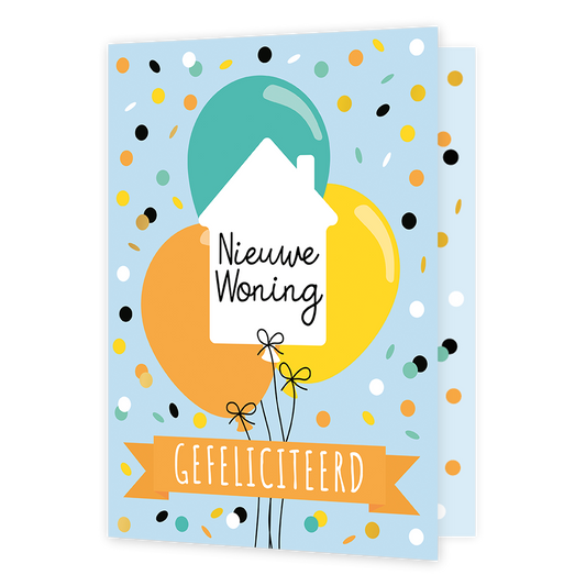 XL kaart - Nieuwe woning - Formaat: Groot - Vorm: Staand - Woningkaart - Op deze wenskaart staan ballonnen in de kleuren groen, oranje en geel met in het midden een wit huis. In de illustratie staat de tekst: "Nieuwe woning gefeliciteerd". - Snelwenskaart