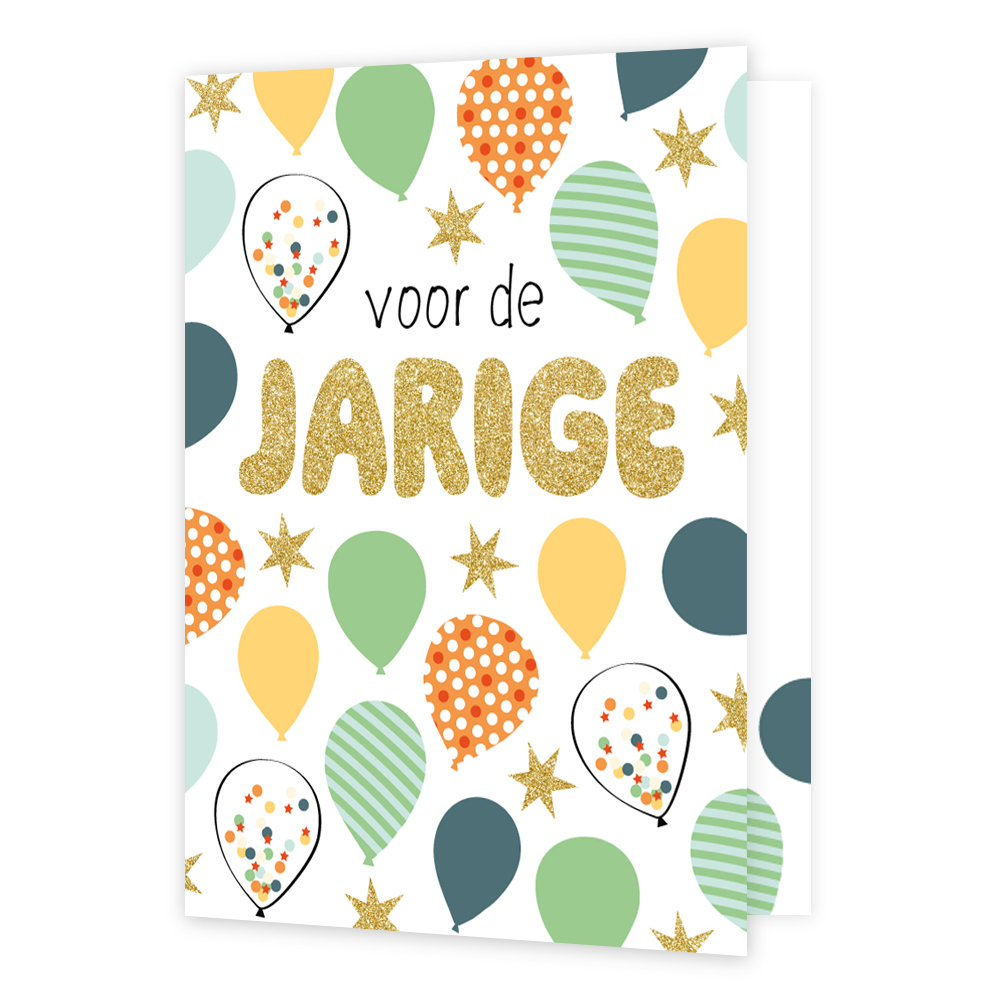 XL kaart - Voor de jarige - Formaat: Groot - Vorm: Staand - Verjaardagskaart - Op deze wenskaart staan ballonnen in de kleuren groen, oranje, geel, rood, wit en blauw. In het midden staat de tekst: "Voor de jarige". - Snelwenskaart