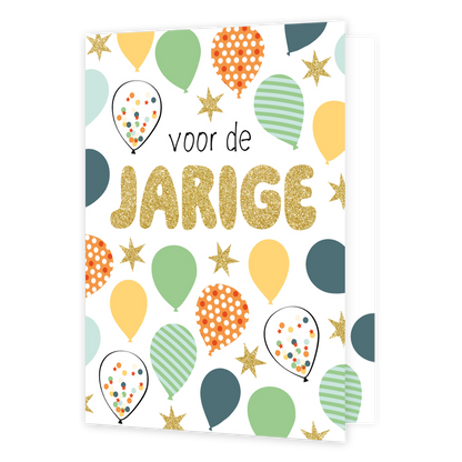 XL kaart - Voor de jarige - Formaat: Groot - Vorm: Staand - Verjaardagskaart - Op deze wenskaart staan ballonnen in de kleuren groen, oranje, geel, rood, wit en blauw. In het midden staat de tekst: "Voor de jarige". - Snelwenskaart