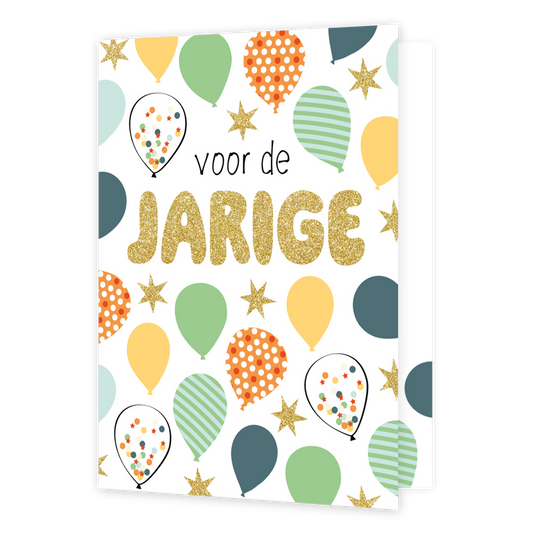 XL kaart - Voor de jarige - Formaat: Groot - Vorm: Staand - Verjaardagskaart - Op deze wenskaart staan ballonnen in de kleuren groen, oranje, geel, rood, wit en blauw. In het midden staat de tekst: "Voor de jarige". - Snelwenskaart