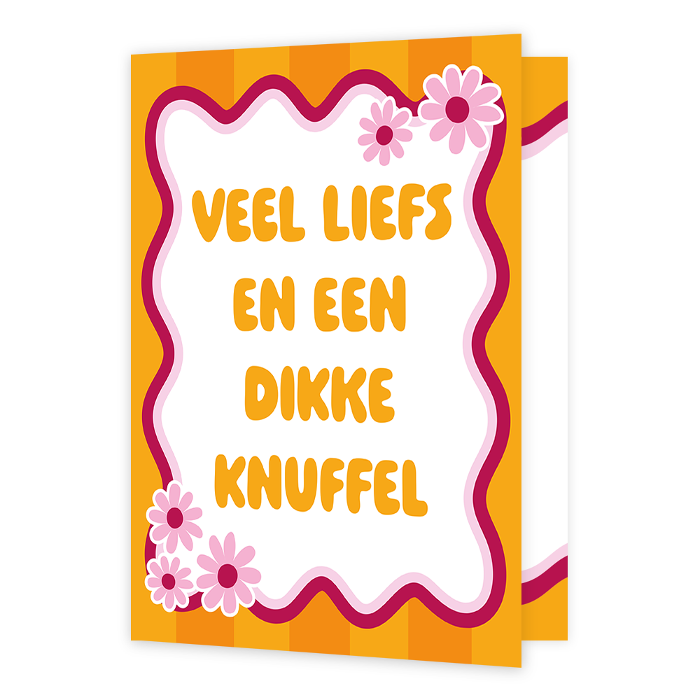 Veel liefs en een dikke knuffel - Formaat: Groot - Vorm: Staand - Vriendschapskaart - Op deze wenskaart staat de tekst: "Veel liefs en een dikke knuffel" op een achtergrond met oranje strepen. - Snelwenskaart