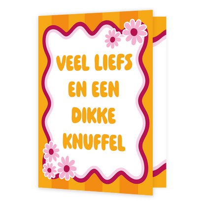 Veel liefs en een dikke knuffel - Formaat: Groot - Vorm: Staand - Vriendschapskaart - Op deze wenskaart staat de tekst: "Veel liefs en een dikke knuffel" op een achtergrond met oranje strepen. - Snelwenskaart