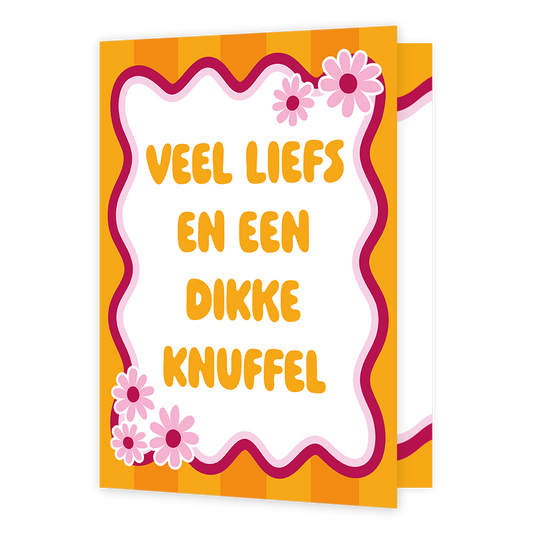 Veel liefs en een dikke knuffel - Formaat: Groot - Vorm: Staand - Vriendschapskaart - Op deze wenskaart staat de tekst: "Veel liefs en een dikke knuffel" op een achtergrond met oranje strepen. - Snelwenskaart