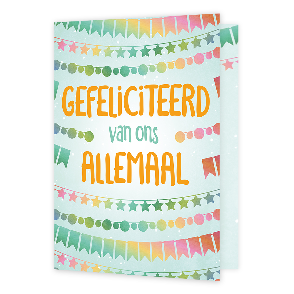 XL Kaart - Gefeliciteerd van ons allemaal - Formaat: Groot - Vorm: Staand - Felicitatiekaart - Op deze wenskaart staan slingers in de kleuren groen, geel, roze en oranje. In het midden staat de tekst: "Gefeliciteerd van ons allemaal". - Snelwenskaart