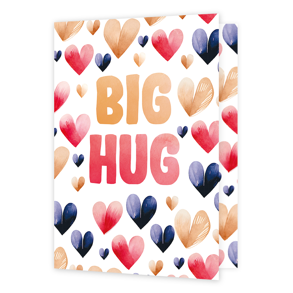 XL Kaart - Big hug - Formaat: Groot - Vorm: Staand - Vriendschapskaart - Op deze wenskaart staan hartjes in de kleuren beige, rood en paars, met in het midden de tekst: "Big hug". - Snelwenskaart