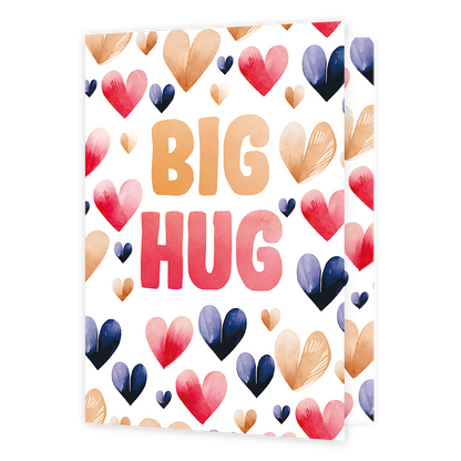 XL Kaart - Big hug - Formaat: Groot - Vorm: Staand - Vriendschapskaart - Op deze wenskaart staan hartjes in de kleuren beige, rood en paars, met in het midden de tekst: "Big hug". - Snelwenskaart