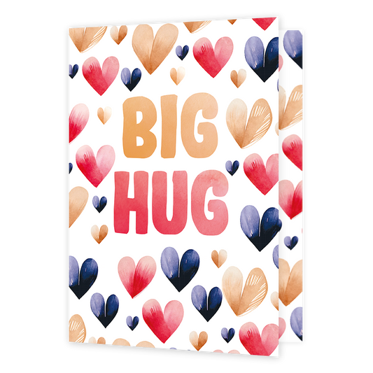 XL Kaart - Big hug - Formaat: Groot - Vorm: Staand - Vriendschapskaart - Op deze wenskaart staan hartjes in de kleuren beige, rood en paars, met in het midden de tekst: "Big hug". - Snelwenskaart