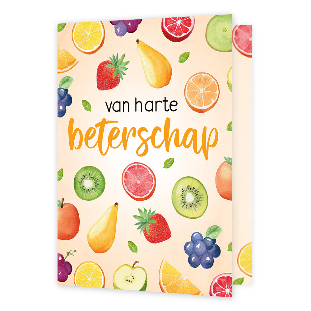XL kaart - Van harte beterschap - Formaat: Groot - Vorm: Staand - Beterschapskaart - Op deze wenskaart staan diverse soorten fruit waaronder aarbeien, peren, kiwi's, appels en druiven. In het midden staat de tekst: "Van harte beterschap". - Snelwenskaart