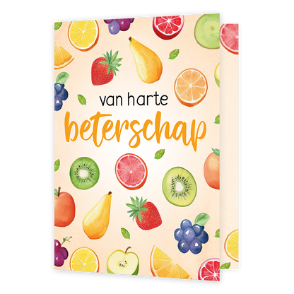 XL kaart - Van harte beterschap - Formaat: Groot - Vorm: Staand - Beterschapskaart - Op deze wenskaart staan diverse soorten fruit waaronder aarbeien, peren, kiwi's, appels en druiven. In het midden staat de tekst: "Van harte beterschap". - Snelwenskaart
