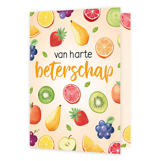 XL kaart - Van harte beterschap - Formaat: Groot - Vorm: Staand - Beterschapskaart - Op deze wenskaart staan diverse soorten fruit waaronder aarbeien, peren, kiwi's, appels en druiven. In het midden staat de tekst: "Van harte beterschap". - Snelwenskaart