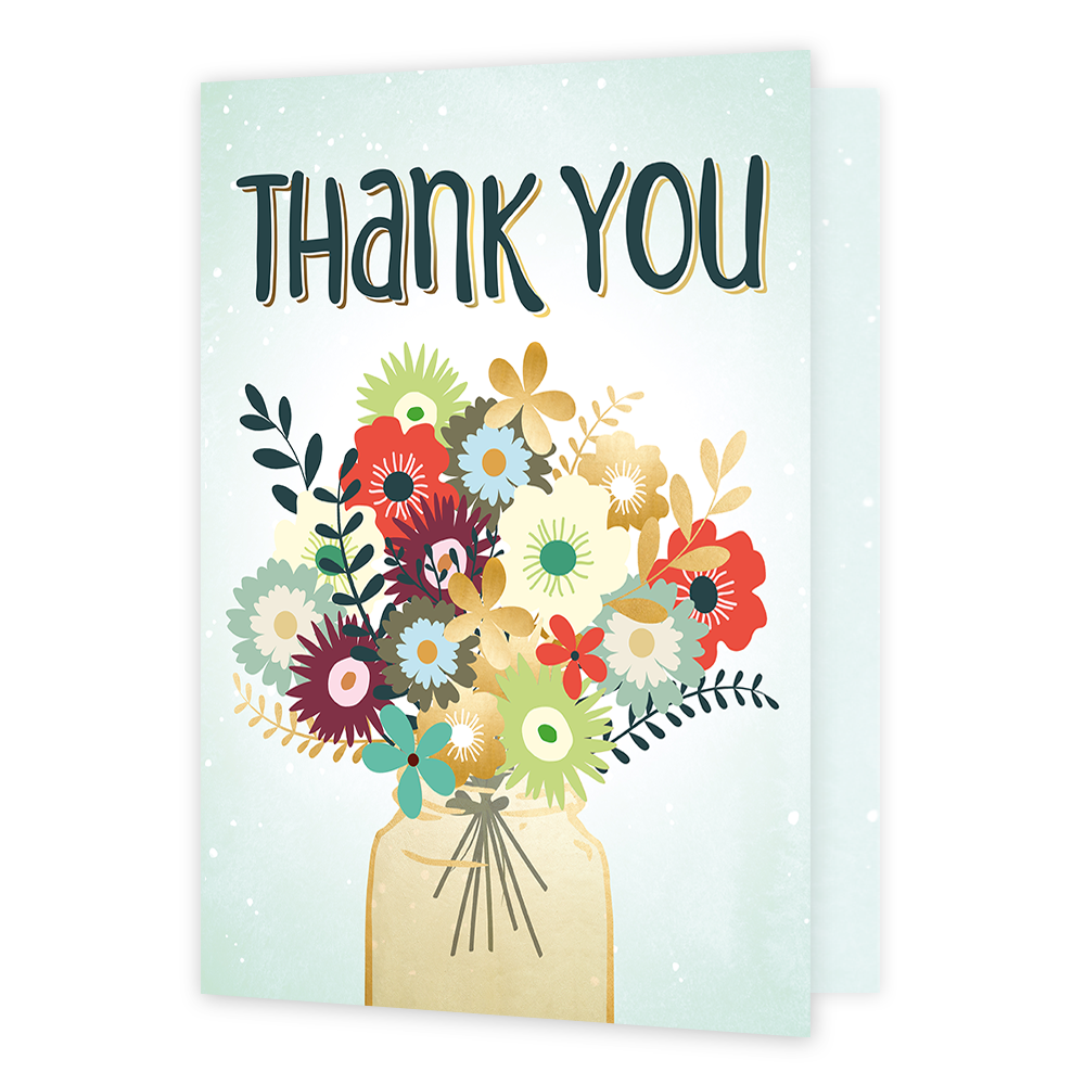 XL Kaart - Thank you - Formaat: Groot - Vorm: Staand - Bedankkaart - Op deze wenskaart staat een bos bloemen met de kleuren groen, goud, rood, paars en blauw. Boven de bos bloemen staat de tekst: "Thank you". - Snelwenskaart