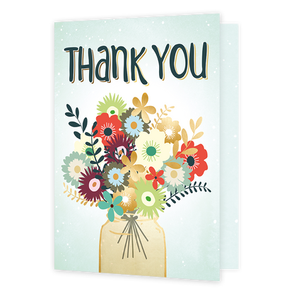 XL Kaart - Thank you - Formaat: Groot - Vorm: Staand - Bedankkaart - Op deze wenskaart staat een bos bloemen met de kleuren groen, goud, rood, paars en blauw. Boven de bos bloemen staat de tekst: "Thank you". - Snelwenskaart