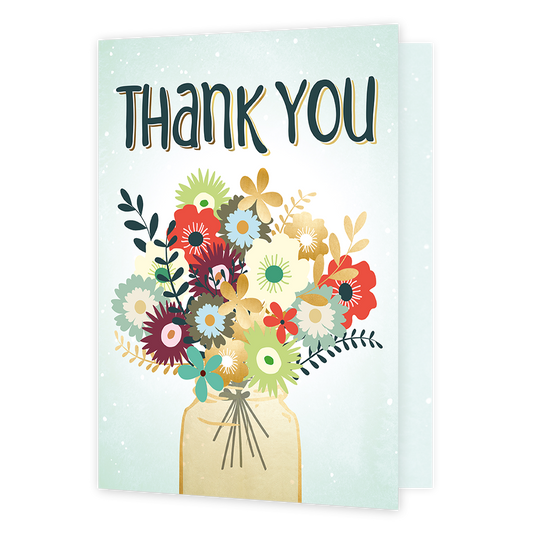 XL Kaart - Thank you - Formaat: Groot - Vorm: Staand - Bedankkaart - Op deze wenskaart staat een bos bloemen met de kleuren groen, goud, rood, paars en blauw. Boven de bos bloemen staat de tekst: "Thank you". - Snelwenskaart