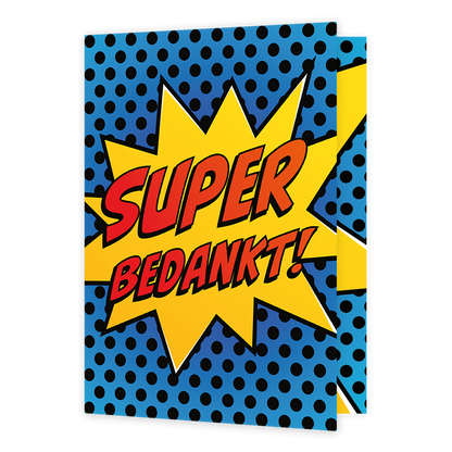 Super bedankt! - Formaat: Groot - Vorm: Staand - Bedankkaart - Op deze wenskaart staat de tekst: "Super bedankt!" in een gele ster op een blauwe achtergrond. - Snelwenskaart