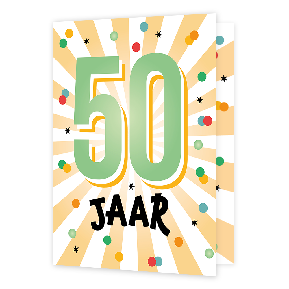 XL kaart - 50 jaar - Formaat: Groot - Vorm: Staand - Verjaardagskaart - Op deze wenskaart staan goud/gele en witte lijnen met stippen in de kleuren groen, rood, oranje en blauw. In het midden staat de tekst: "50 jaar". - Snelwenskaart