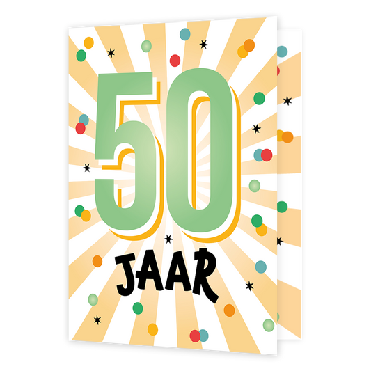 XL kaart - 50 jaar - Formaat: Groot - Vorm: Staand - Verjaardagskaart - Op deze wenskaart staan goud/gele en witte lijnen met stippen in de kleuren groen, rood, oranje en blauw. In het midden staat de tekst: "50 jaar". - Snelwenskaart