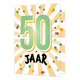 XL kaart - 50 jaar - Formaat: Groot - Vorm: Staand - Verjaardagskaart - Op deze wenskaart staan goud/gele en witte lijnen met stippen in de kleuren groen, rood, oranje en blauw. In het midden staat de tekst: "50 jaar". - Snelwenskaart