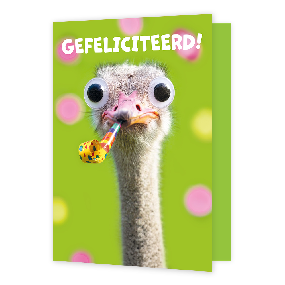 Gefeliciteerd! - Formaat: Groot - Vorm: Staand - Felicitatiekaart - Op deze wenskaart staat de kop van een struisvogel afgebeeld tegen een groene achtergrond met vage roze en gele cirkels. De vogel heeft grote, opvallende wiebelogen op zijn hoofd geplakt en houdt een gekleurde feesttoeter in zijn snavel. Bovenaan de afbeelding staat in grote, witte letters de tekst GEFELICITEERD! te lezen. - Snelwenskaart