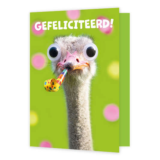 Gefeliciteerd! - Formaat: Groot - Vorm: Staand - Felicitatiekaart - Op deze wenskaart staat de kop van een struisvogel afgebeeld tegen een groene achtergrond met vage roze en gele cirkels. De vogel heeft grote, opvallende wiebelogen op zijn hoofd geplakt en houdt een gekleurde feesttoeter in zijn snavel. Bovenaan de afbeelding staat in grote, witte letters de tekst GEFELICITEERD! te lezen. - Snelwenskaart