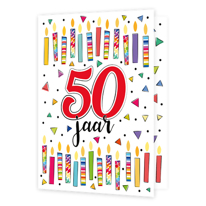 XL kaart - 50 jaar - Formaat: Groot - Vorm: Staand - Verjaardagskaart - Op deze wenskaart staan kaarsen met in het midden de tekst: "50 jaar". - Snelwenskaart