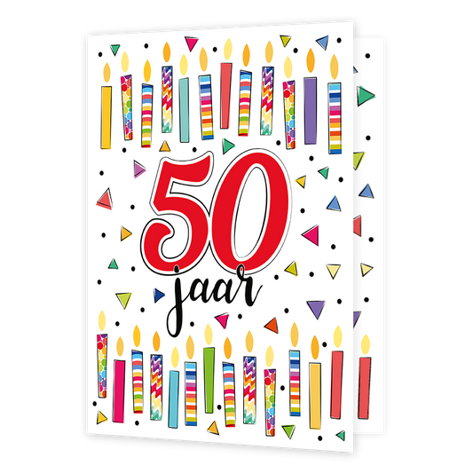 XL kaart - 50 jaar - Formaat: Groot - Vorm: Staand - Verjaardagskaart - Op deze wenskaart staan kaarsen met in het midden de tekst: "50 jaar". - Snelwenskaart