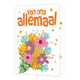 XL - Van ons allemaal - Formaat: Groot - Vorm: Staand - Denken aan kaart - Op deze wenskaart staat bovenaan de tekst "van ons allemaal" in speelse, oranje letters tegen een witte achtergrond. Onder de tekst is een kleurrijk boeket geïllustreerd met gestileerde bloemen in tinten van roze, paars, geel en blauw, aangevuld met groene bladeren en oranje besjes. De gehele compositie is versierd met kleine, zwevende sterretjes in limegroen en oranje die rondom de bloemen en tekst zijn verspreid. - Snelwenskaart