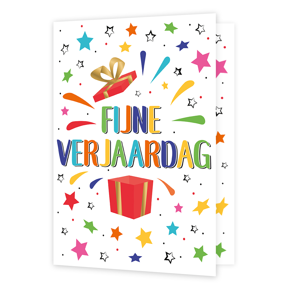 XL - Fijne verjaardag - Formaat: Groot - Vorm: Staand - Verjaardagskaart - Op deze wenskaart staan sterren in de kleuren blauw, oranje, geel, groen, paars en roze. In het midden staat de tekst: "Fijne verjaardag". - Snelwenskaart
